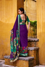 Vastranavya Purple Viscose Chanderi Kalamkari Print with Zari Working Saree & Unstitched Blouse | Grocsy