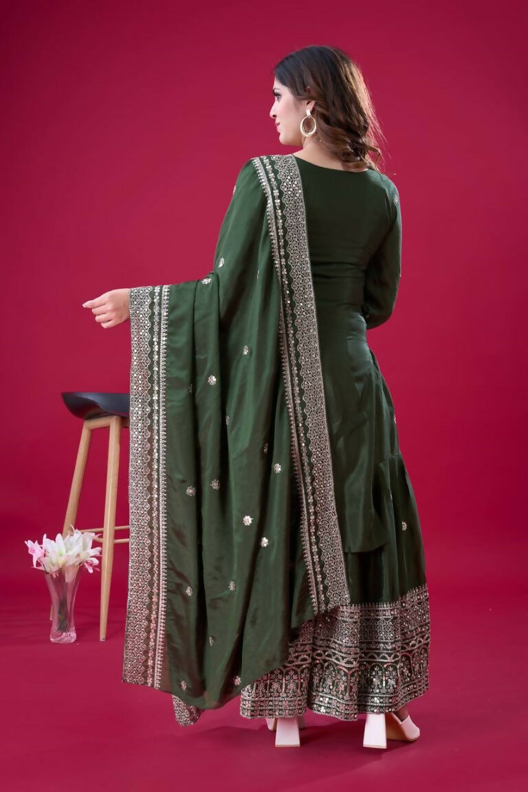 Teeya Creation Green Colour Chinnon Silk Heavy Embroidery Work Fully Stitched Salwar Suit | Grocsy
