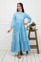 Myshka Women Blue Floral Cotton A-Line Mandarin Collar Long Dress | Grocsy