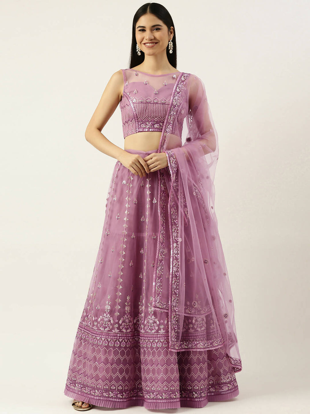 House of Panchhi Rose Gold Net Sequinse Work Lehenga & Blouse, Dupatta | Grocsy