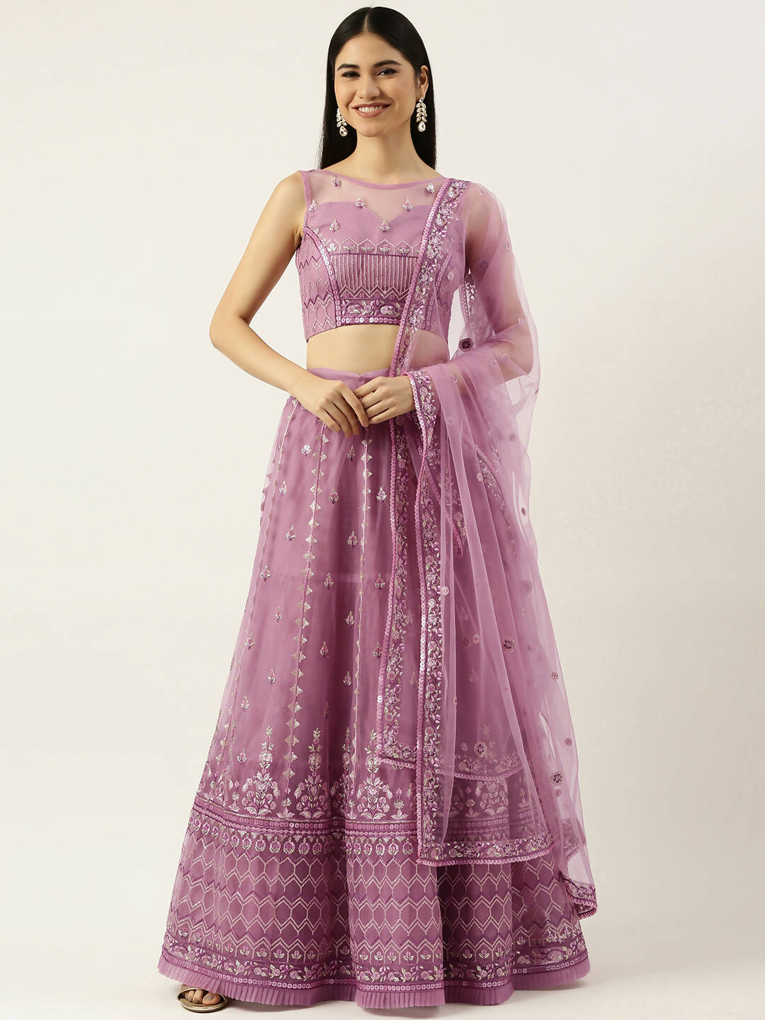 House of Panchhi Rose Gold Net Sequinse Work Lehenga & Blouse, Dupatta | Grocsy