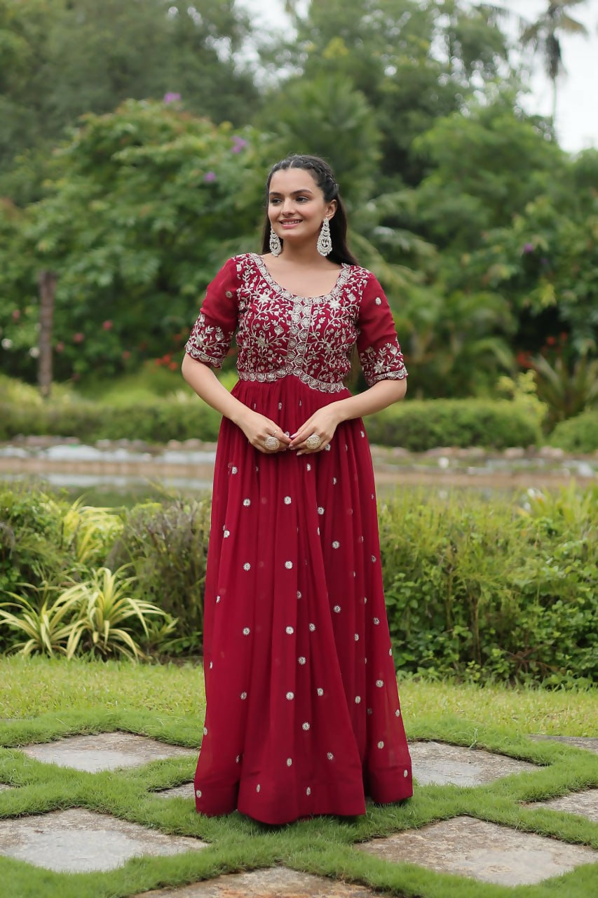 Vastranavya Premium Designer Faux Blooming with Embroidery Zari Sequins work Gown - Maroon | Grocsy