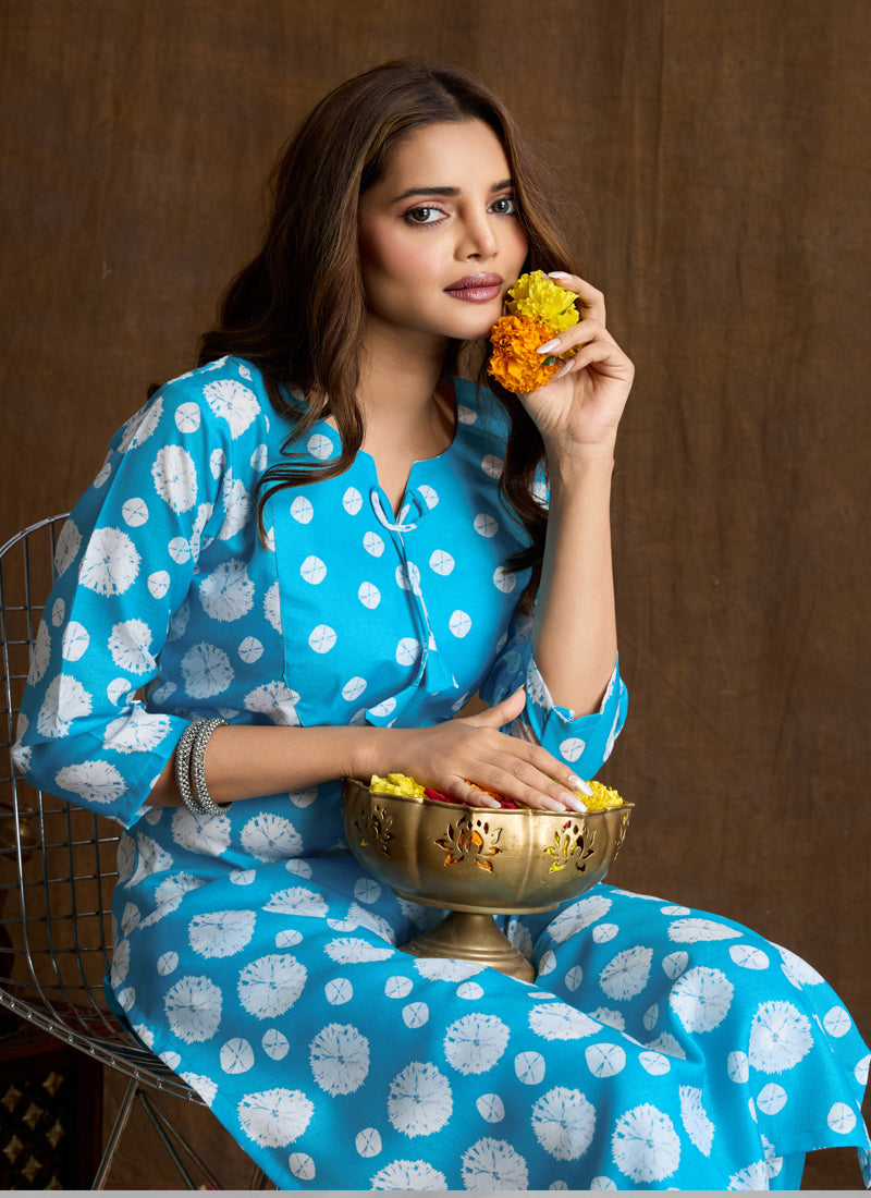 Prazu Fashion Sky Blue Printed Cotton Blend Kurta Pant Set | Grocsy
