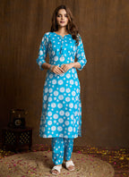 Prazu Fashion Sky Blue Printed Cotton Blend Kurta Pant Set | Grocsy