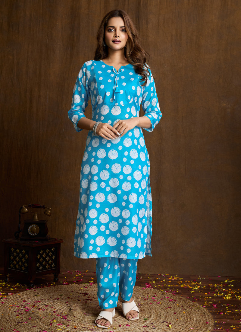 Prazu Fashion Sky Blue Printed Cotton Blend Kurta Pant Set | Grocsy