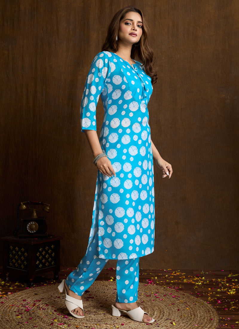 Prazu Fashion Sky Blue Printed Cotton Blend Kurta Pant Set | Grocsy