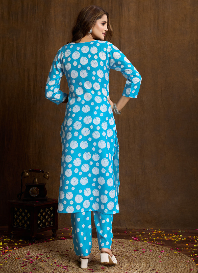 Prazu Fashion Sky Blue Printed Cotton Blend Kurta Pant Set | Grocsy