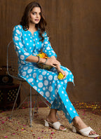 Prazu Fashion Sky Blue Printed Cotton Blend Kurta Pant Set | Grocsy