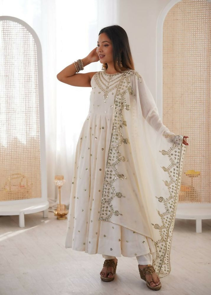 Teeya Creation White Color Roman Silk Embroidery Work Party Wear Gown | Grocsy
