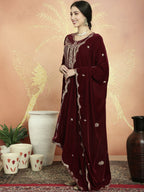 Jyoti Fashion Women's Maroon Velvet Cording with Resham Thread & Sequin Kurta with Trouser & Dupatta | Grocsy
