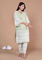 Miravan Women's Green Embroidery Chikankari Kurta And Palazzo | Grocsy
