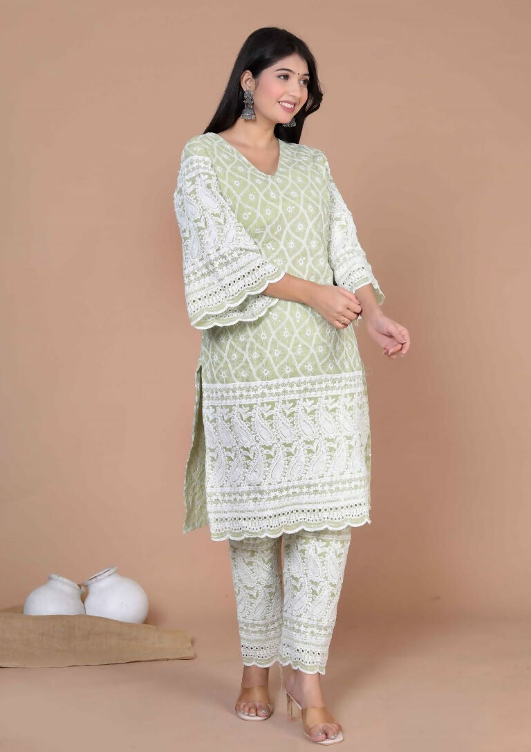 Miravan Women's Green Embroidery Chikankari Kurta And Palazzo | Grocsy