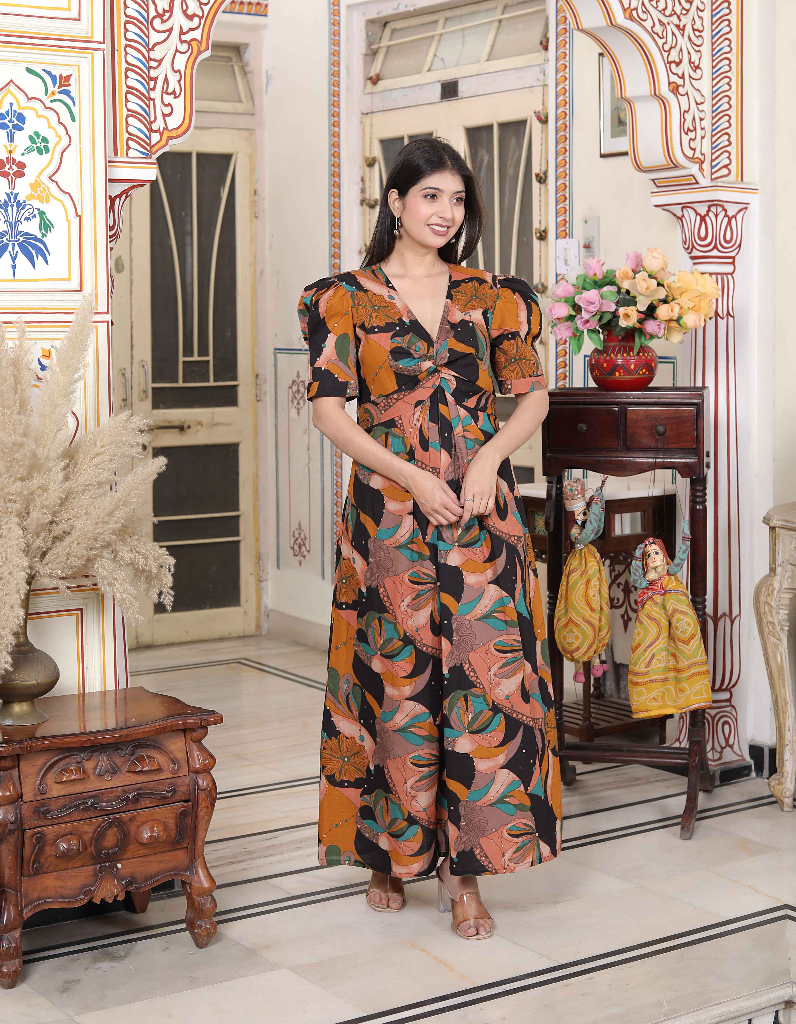 Miravan Women's Pure Cotton Black And Orange Puff Sleeve Floral printed Butterfly Maxi Dress | Grocsy