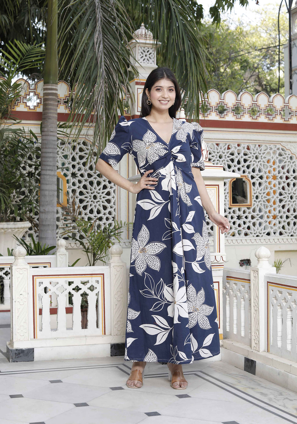 Miravan Women's Blue Flower Printed Puff Sleeve Pure Cotton Fit V Neck Butterfly Middi Dress | Grocsy