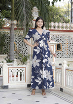 Miravan Women's Blue Flower Printed Puff Sleeve Pure Cotton Fit V Neck Butterfly Middi Dress | Grocsy