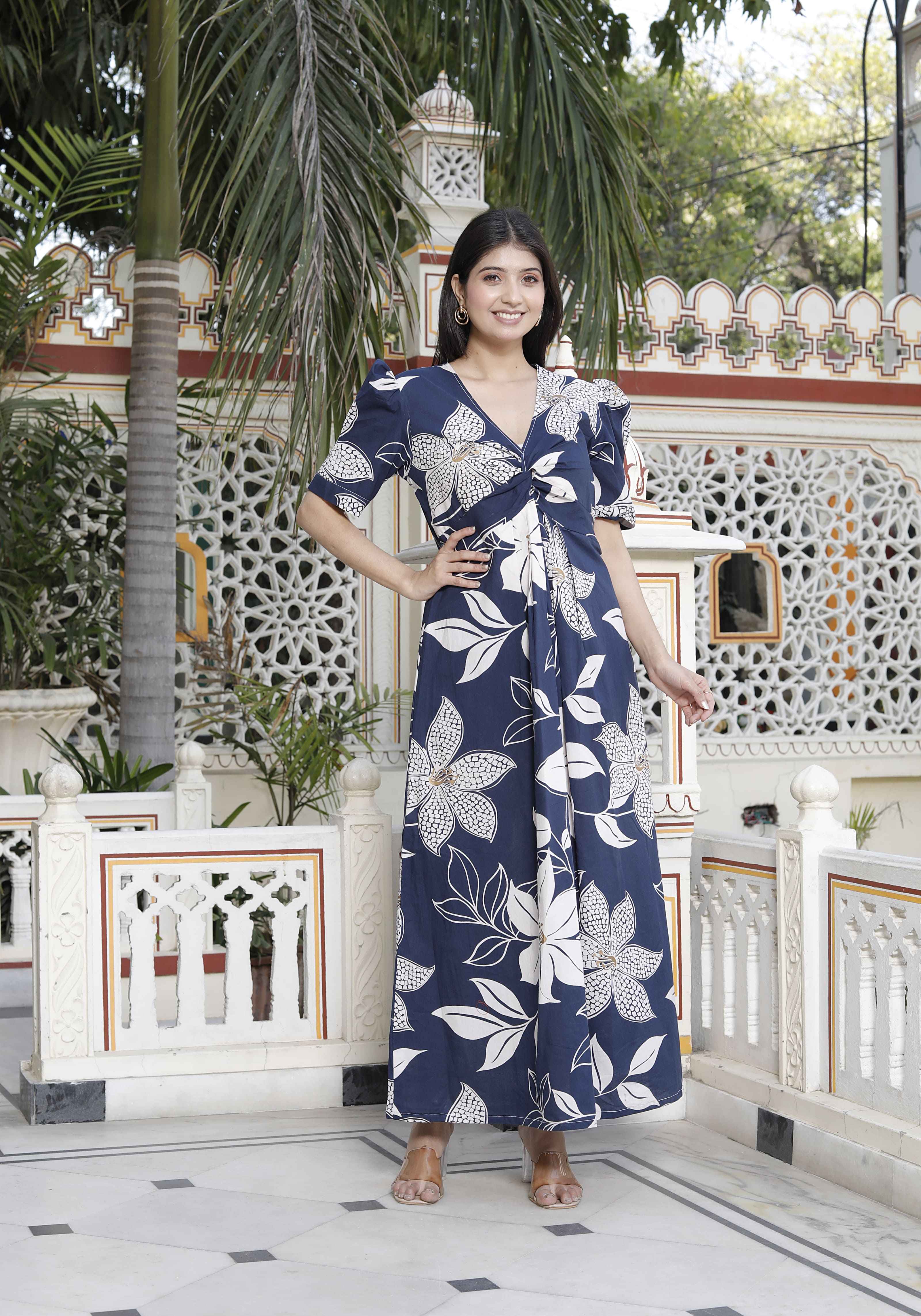Miravan Women's Blue Flower Printed Puff Sleeve Pure Cotton Fit V Neck Butterfly Middi Dress | Grocsy