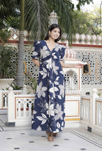 Miravan Women's Blue Flower Printed Puff Sleeve Pure Cotton Fit V Neck Butterfly Middi Dress | Grocsy