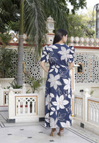 Miravan Women's Blue Flower Printed Puff Sleeve Pure Cotton Fit V Neck Butterfly Middi Dress | Grocsy