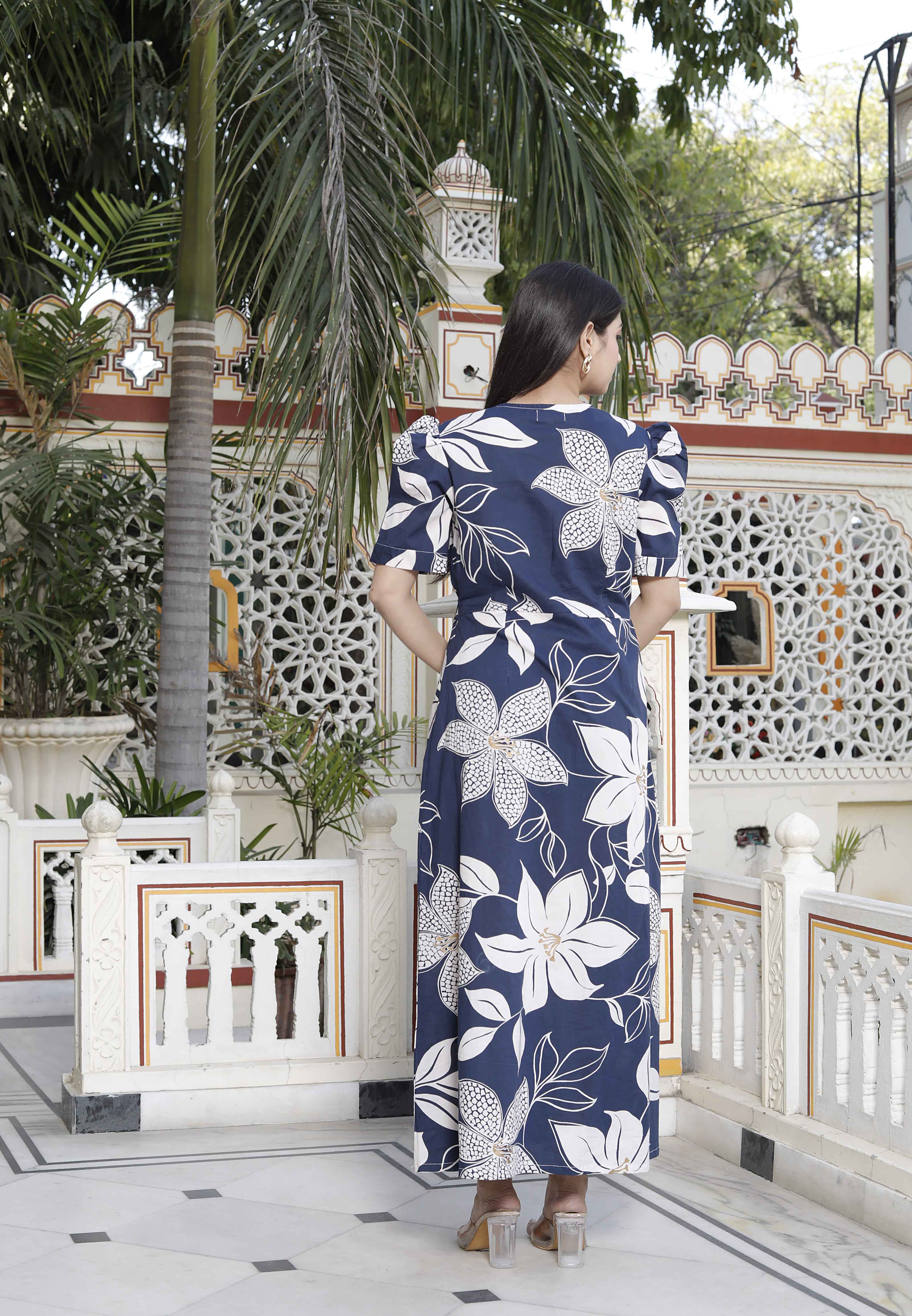 Miravan Women's Blue Flower Printed Puff Sleeve Pure Cotton Fit V Neck Butterfly Middi Dress | Grocsy