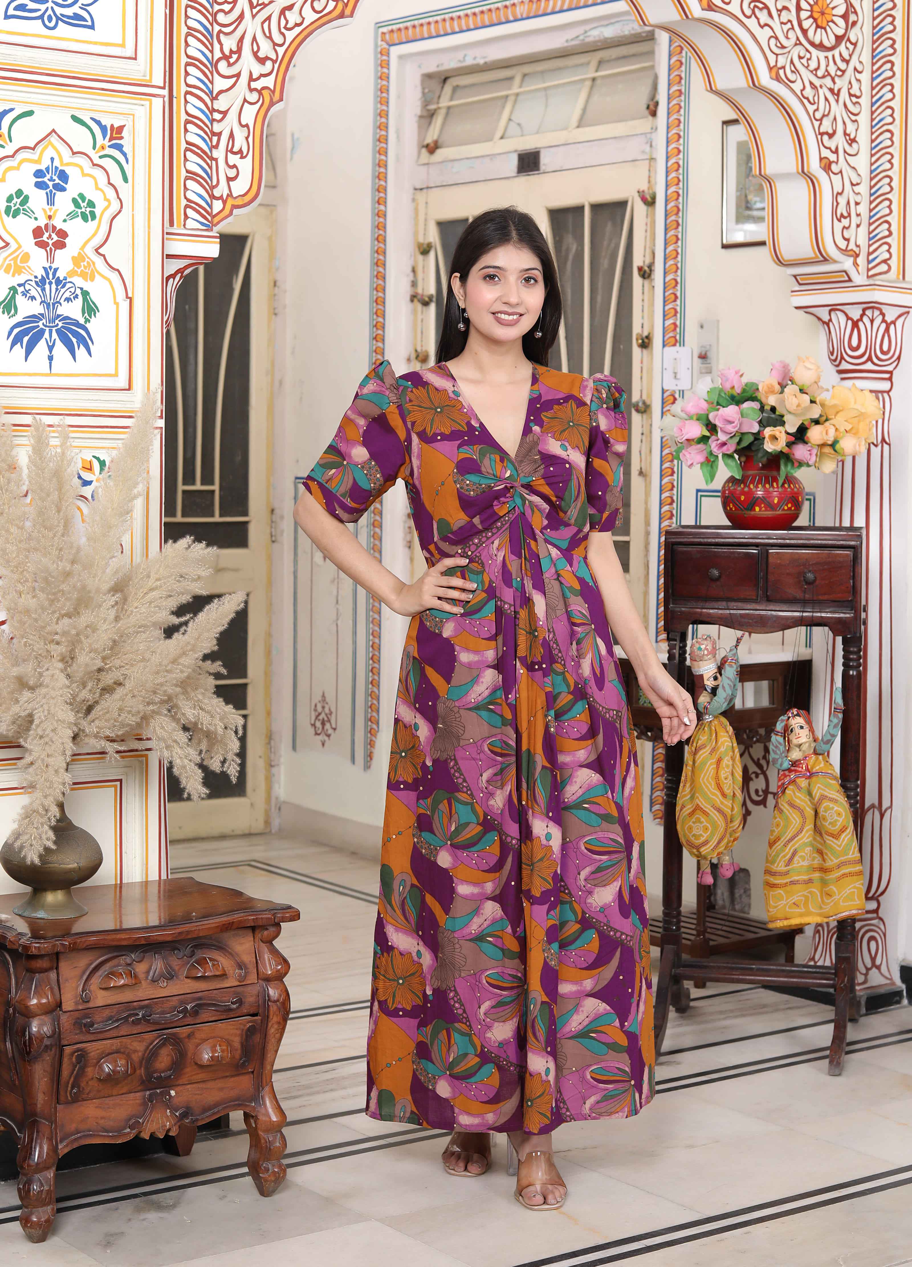 Miravan Women's Floral Print Puff Sleeve Pure Cotton Fit Flare Magenta Butterfly Maxi Dress | Grocsy