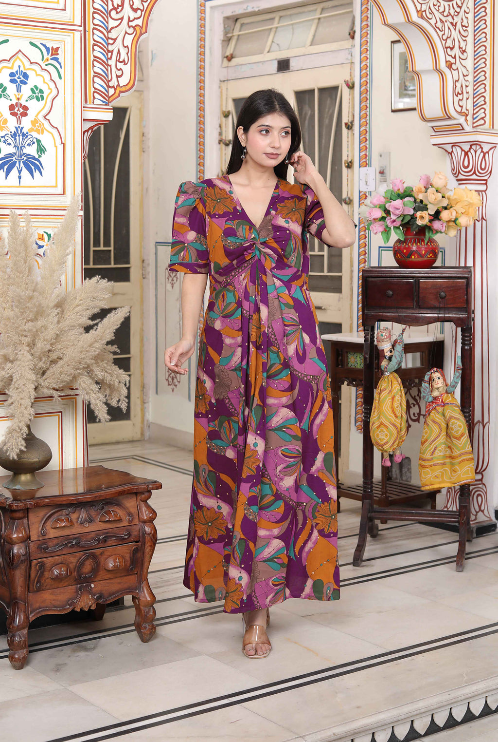 Miravan Women's Floral Print Puff Sleeve Pure Cotton Fit Flare Magenta Butterfly Maxi Dress | Grocsy