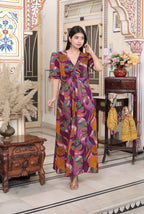 Miravan Women's Floral Print Puff Sleeve Pure Cotton Fit Flare Magenta Butterfly Maxi Dress | Grocsy