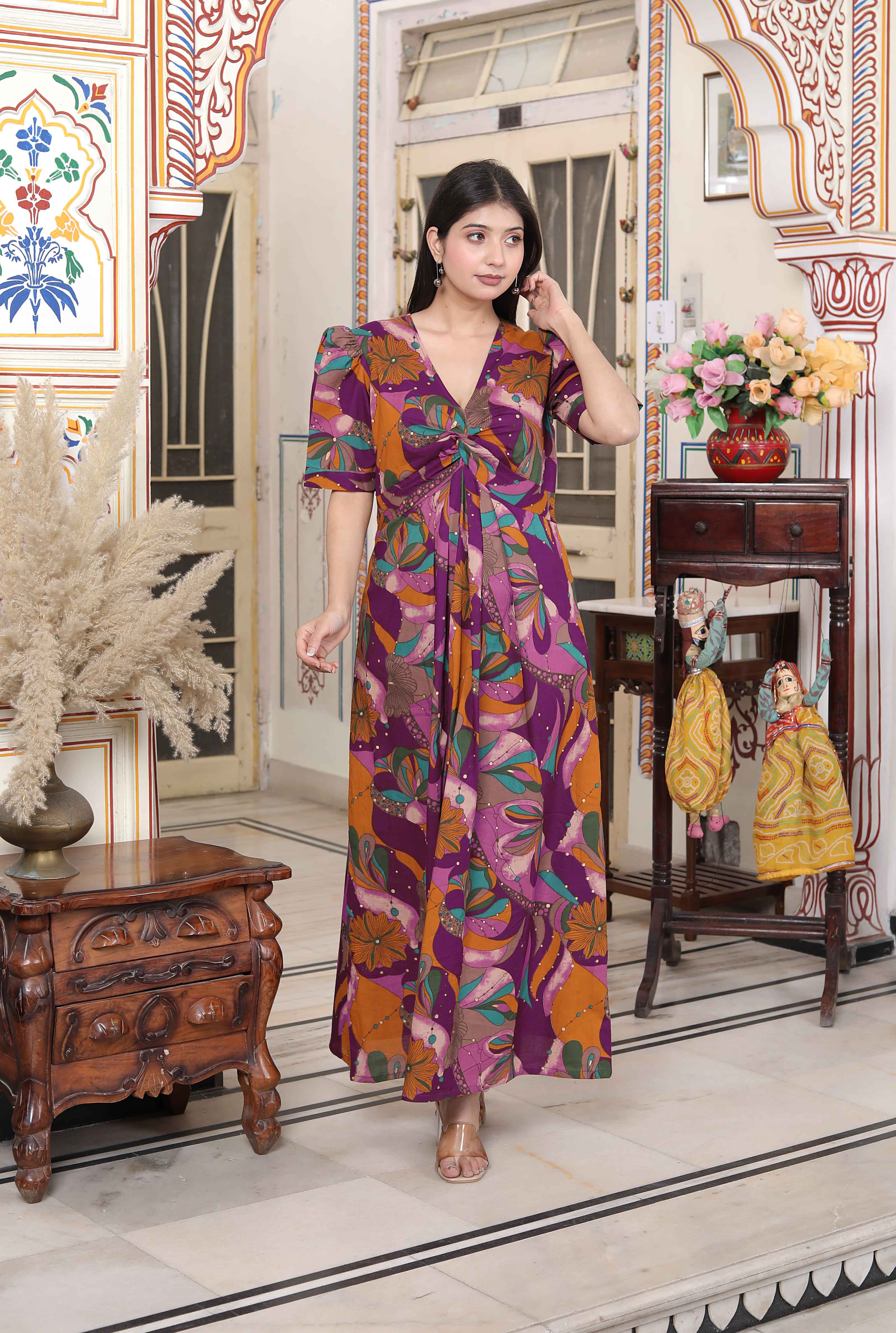 Miravan Women's Floral Print Puff Sleeve Pure Cotton Fit Flare Magenta Butterfly Maxi Dress | Grocsy