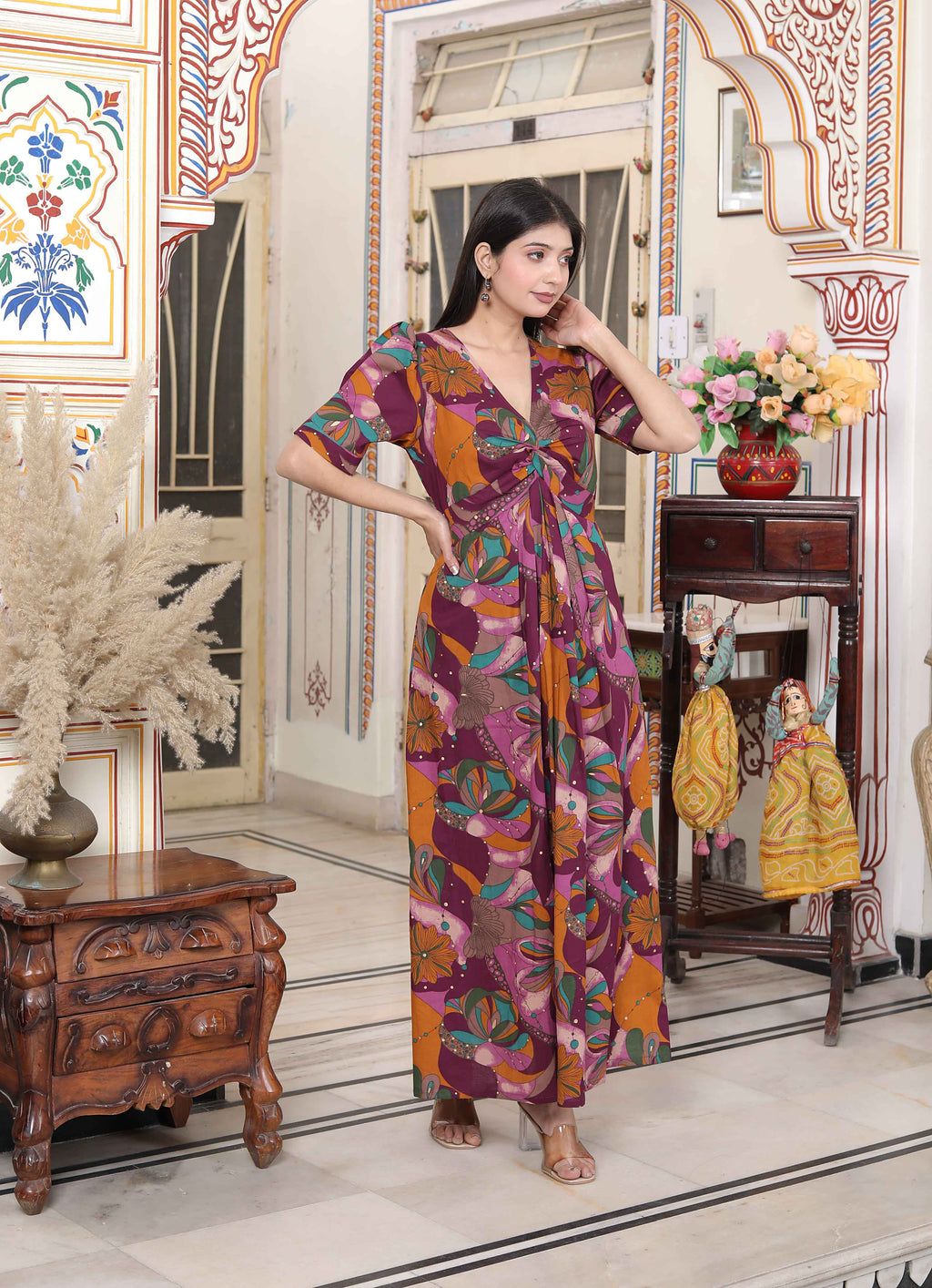 Miravan Women's Floral Print Puff Sleeve Pure Cotton Fit Flare Magenta Butterfly Maxi Dress | Grocsy