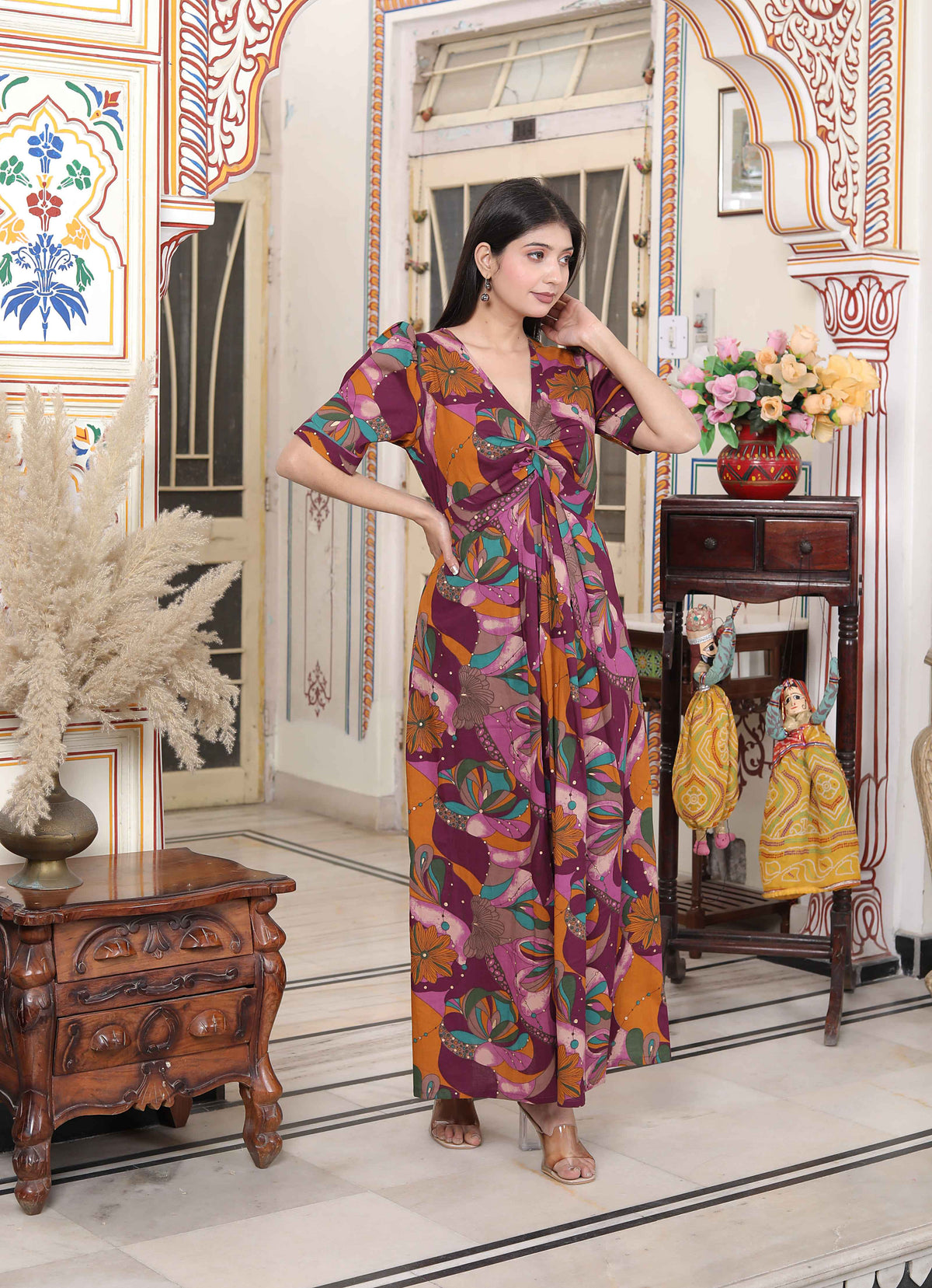 Miravan Women's Floral Print Puff Sleeve Pure Cotton Fit Flare Magenta Butterfly Maxi Dress | Grocsy
