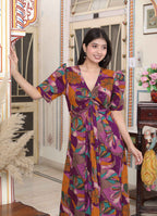 Miravan Women's Floral Print Puff Sleeve Pure Cotton Fit Flare Magenta Butterfly Maxi Dress | Grocsy