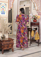 Miravan Women's Floral Print Puff Sleeve Pure Cotton Fit Flare Magenta Butterfly Maxi Dress | Grocsy