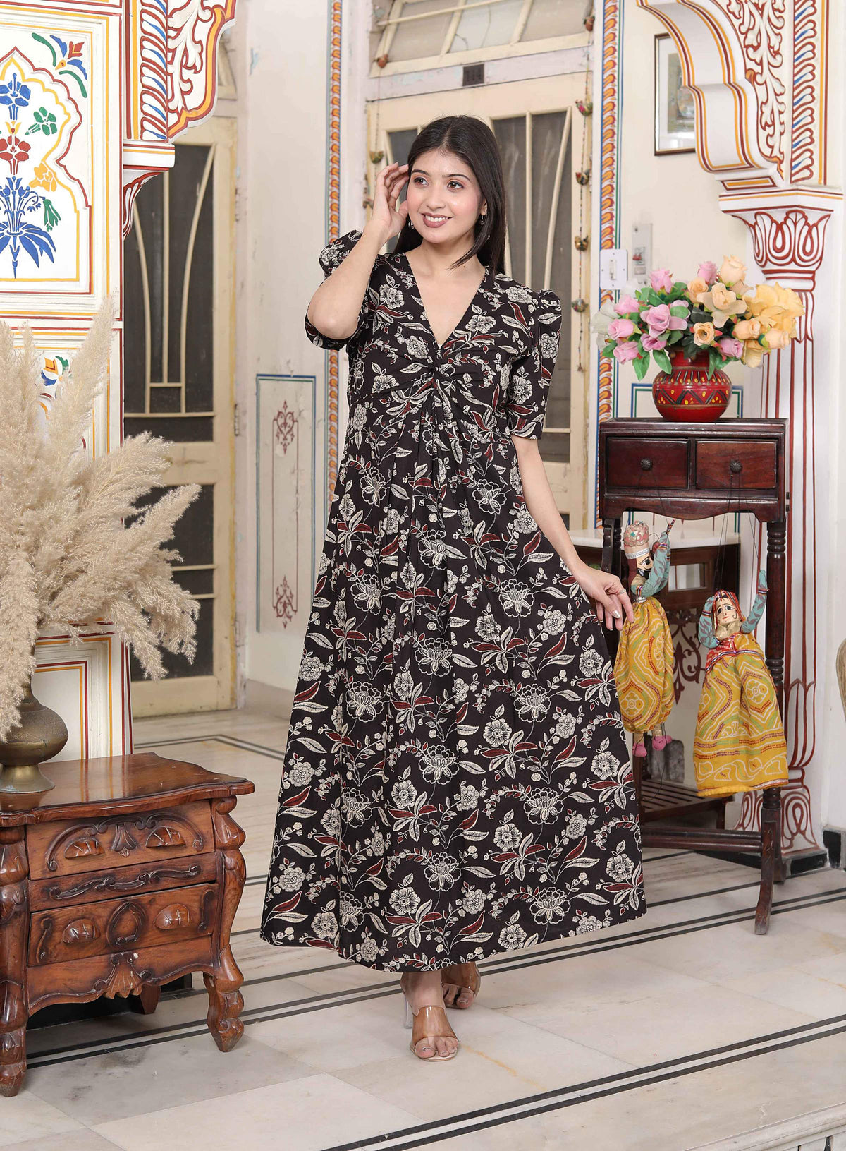 Miravan Women's Multicolored Pleated Puff Sleeve Floral Pure Cotton Butterfly Maxi Dress | Grocsy