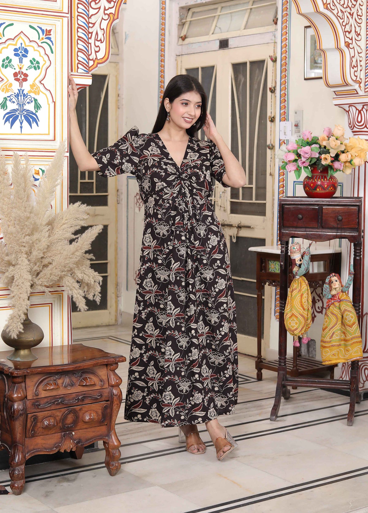 Miravan Women's Multicolored Pleated Puff Sleeve Floral Pure Cotton Butterfly Maxi Dress | Grocsy