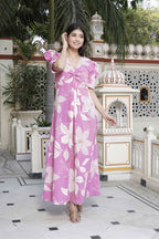 Miravan Women's Pink Floral Print Puff Sleeve Pure Cotton Fit Flare Butterfly Maxi Dress | Grocsy
