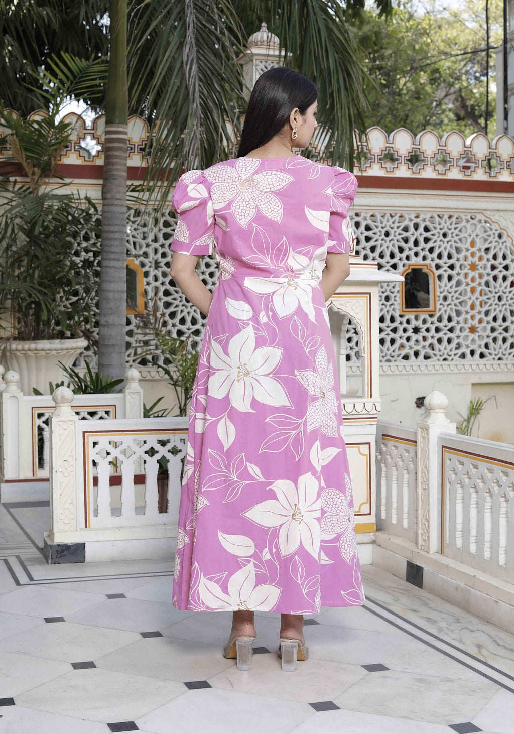 Miravan Women's Pink Floral Print Puff Sleeve Pure Cotton Fit Flare Butterfly Maxi Dress | Grocsy