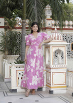Miravan Women's Pink Floral Print Puff Sleeve Pure Cotton Fit Flare Butterfly Maxi Dress | Grocsy