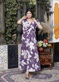 Miravan Women's Purple Pleated Puff Sleeve Floral Pure Cotton Butterfly Middi Dress | Grocsy