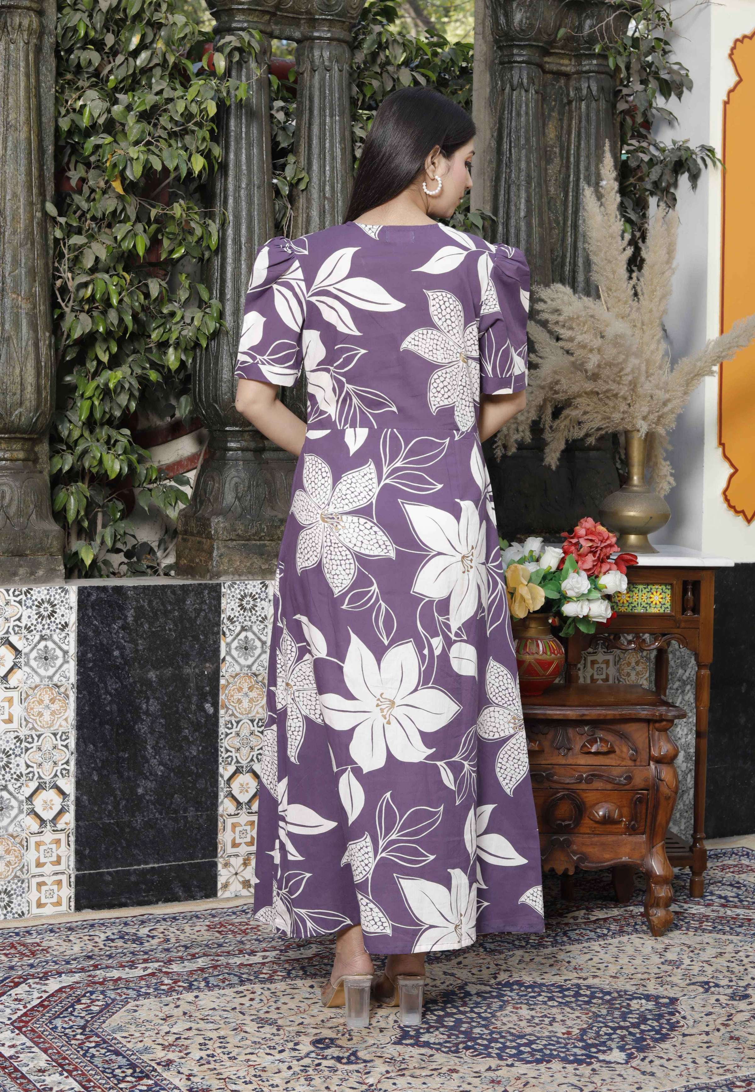 Miravan Women's Purple Pleated Puff Sleeve Floral Pure Cotton Butterfly Middi Dress | Grocsy