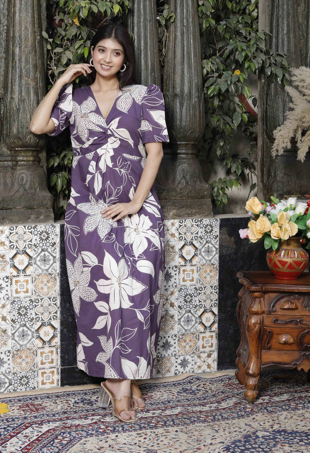 Miravan Women's Purple Pleated Puff Sleeve Floral Pure Cotton Butterfly Middi Dress | Grocsy