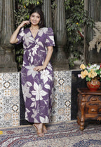Miravan Women's Purple Pleated Puff Sleeve Floral Pure Cotton Butterfly Middi Dress | Grocsy