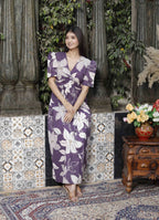 Miravan Women's Purple Pleated Puff Sleeve Floral Pure Cotton Butterfly Middi Dress | Grocsy