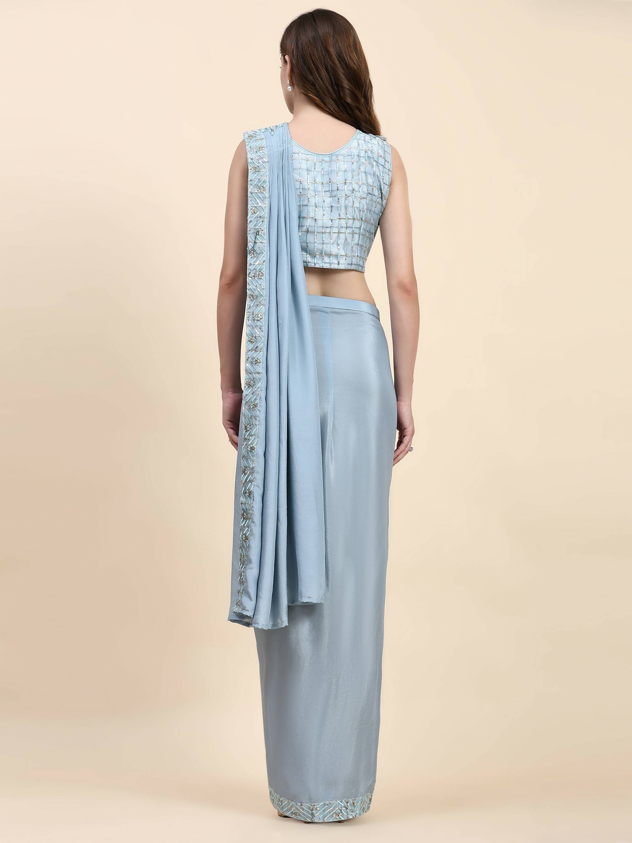 Blue Silk Satin Solid Ready to wear Saree with stitched Blouse - Satiksha | Grocsy