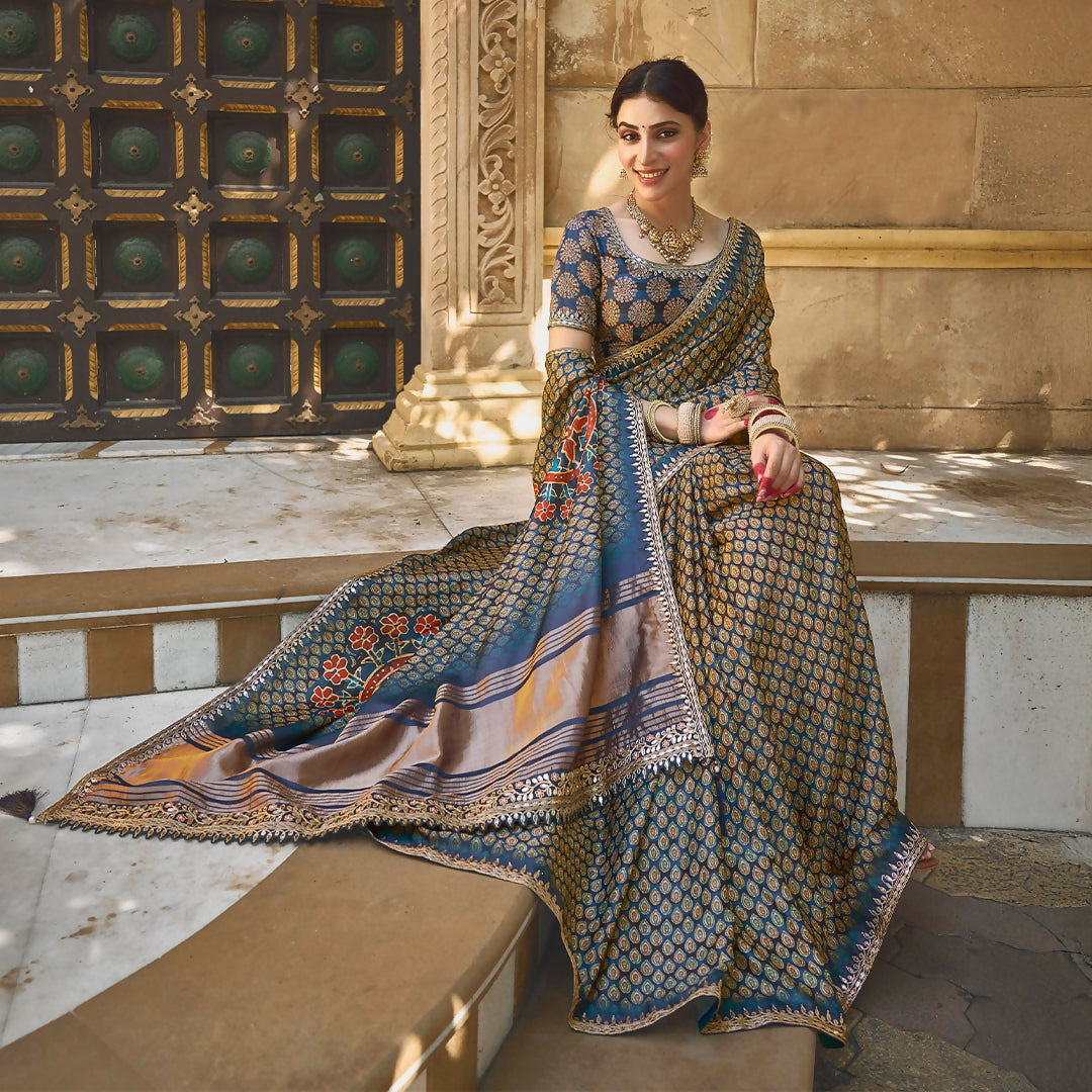 Navy Blue Gajji Silk Gota With Handwork Saree With Unstitched Blouse - Norita Gajri | Grocsy