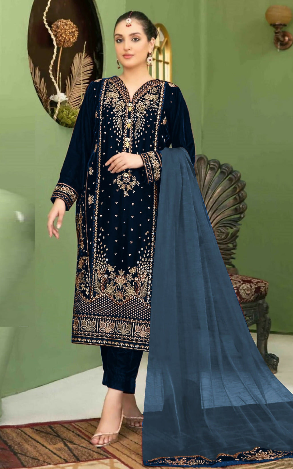 Anaita Navy Blue Velvet Suit with Embroidery Sequence Work | Grocsy
