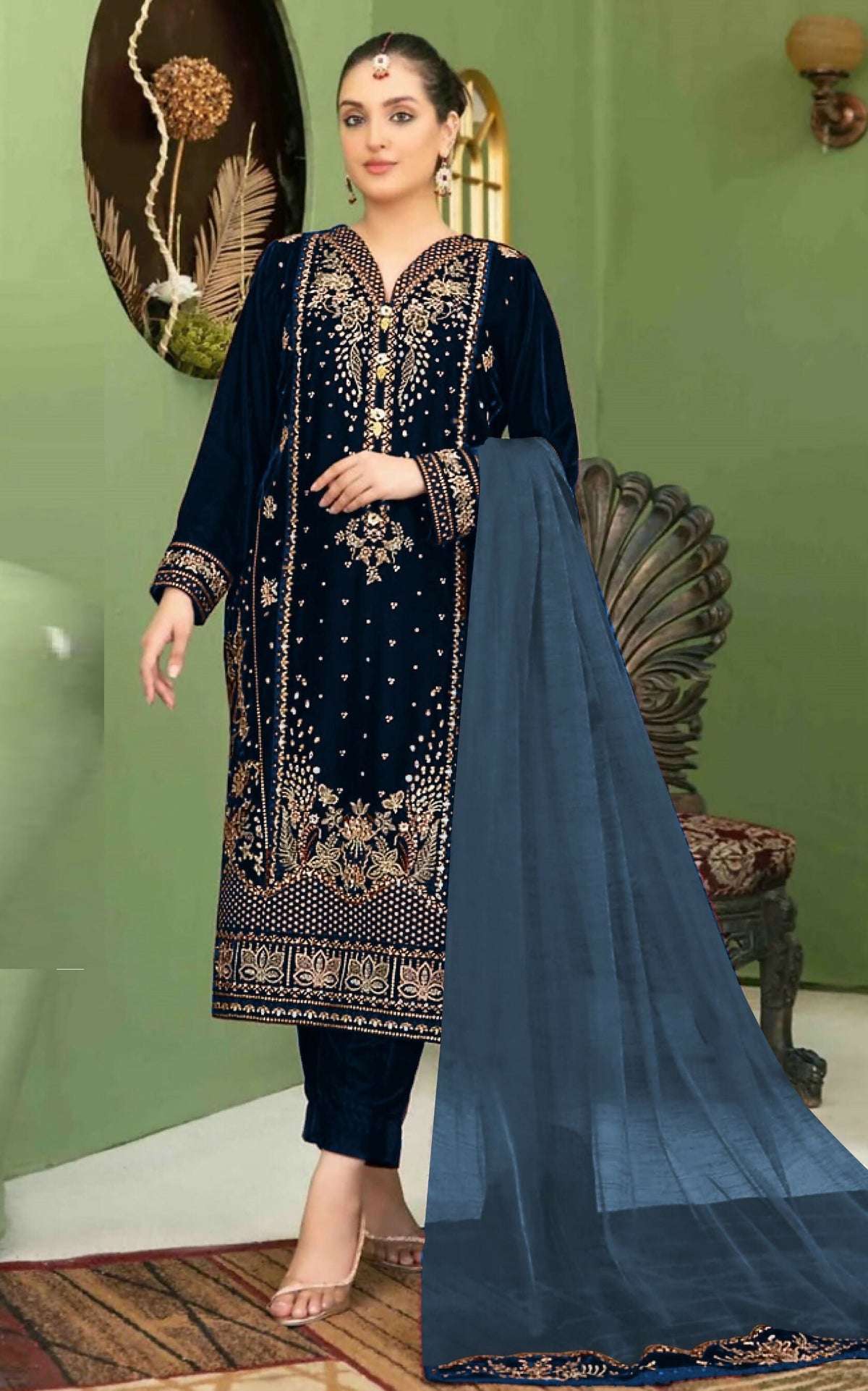 Anaita Navy Blue Velvet Suit with Embroidery Sequence Work | Grocsy