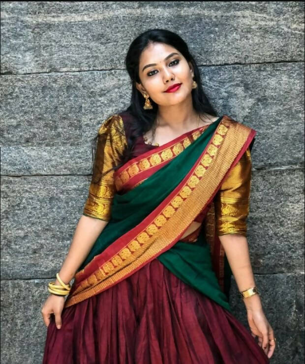 DEIANA'S Beautiful KanJivaram Silk Jari Lahengha Choli - Wine | Grocsy