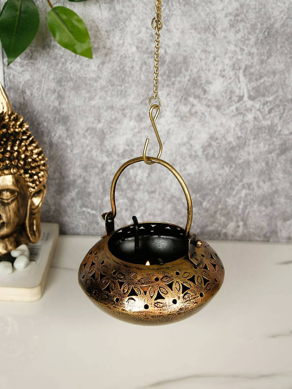 CraftVatika Gold-Toned Metal Degchi Hanging Tealight Candle Holder | Grocsy