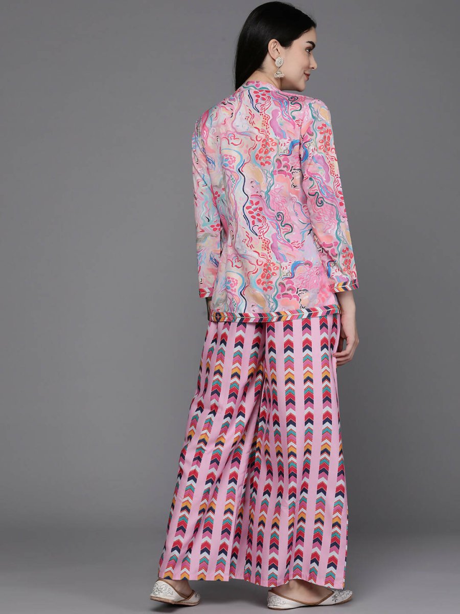 Ahalyaa Women Printed Crop Top with Palazzos & Jacket - Multi Color | Grocsy
