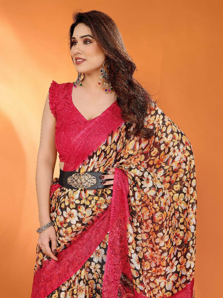 PR Fashion Red Kota Doria Printed Saree | Grocsy