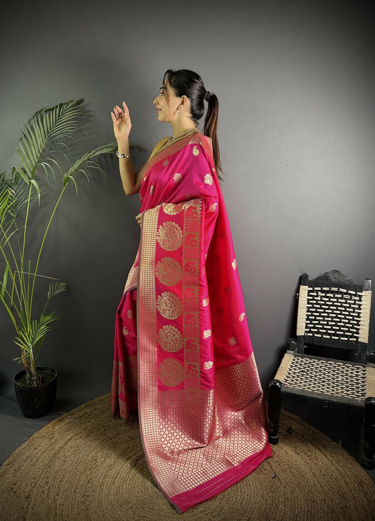Joban Fashion Hot Pink Banarasi Soft Lichi Silk Paisley Saree | Grocsy